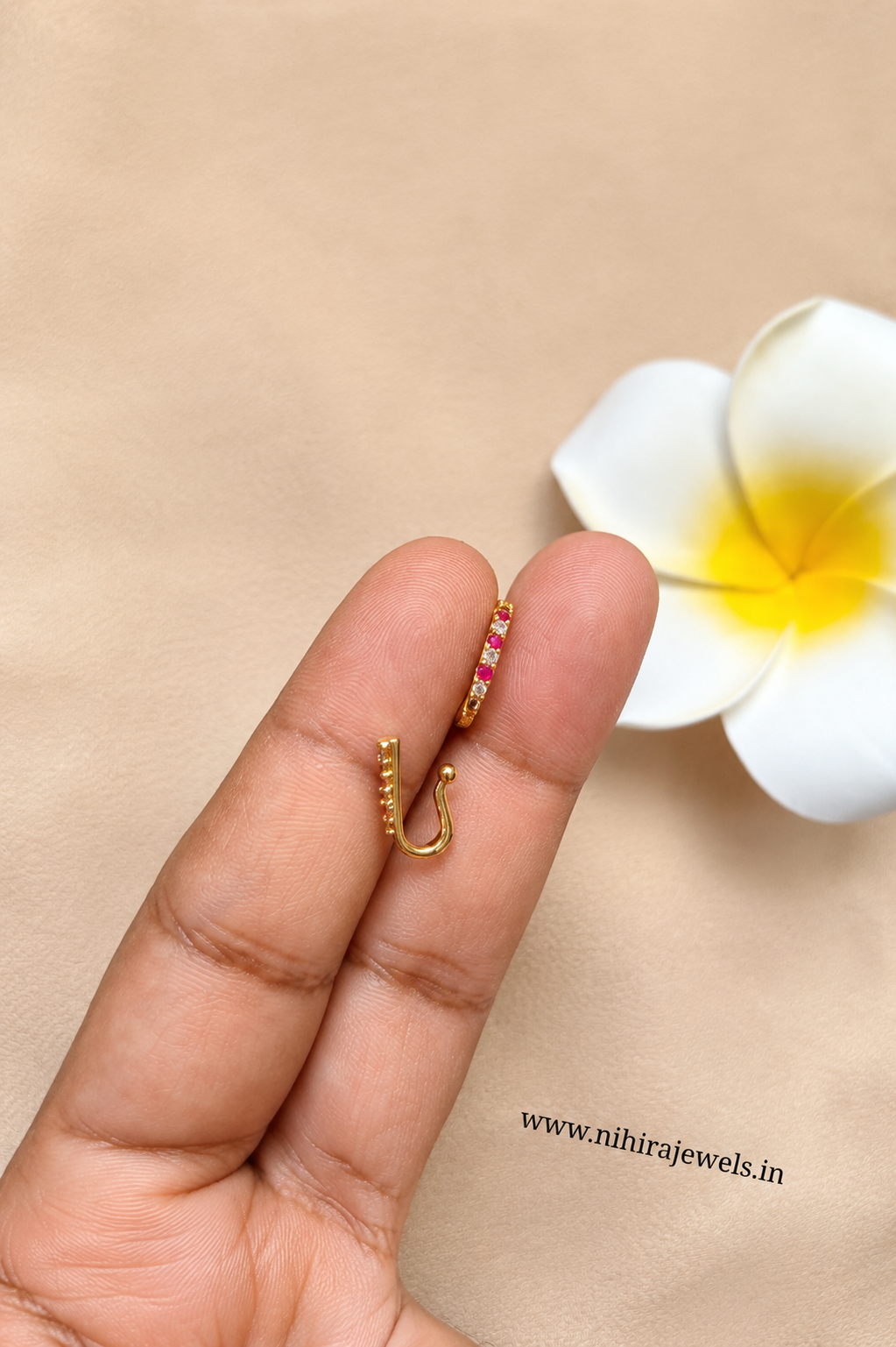 Non- Piercing Nosepin J shape white pink