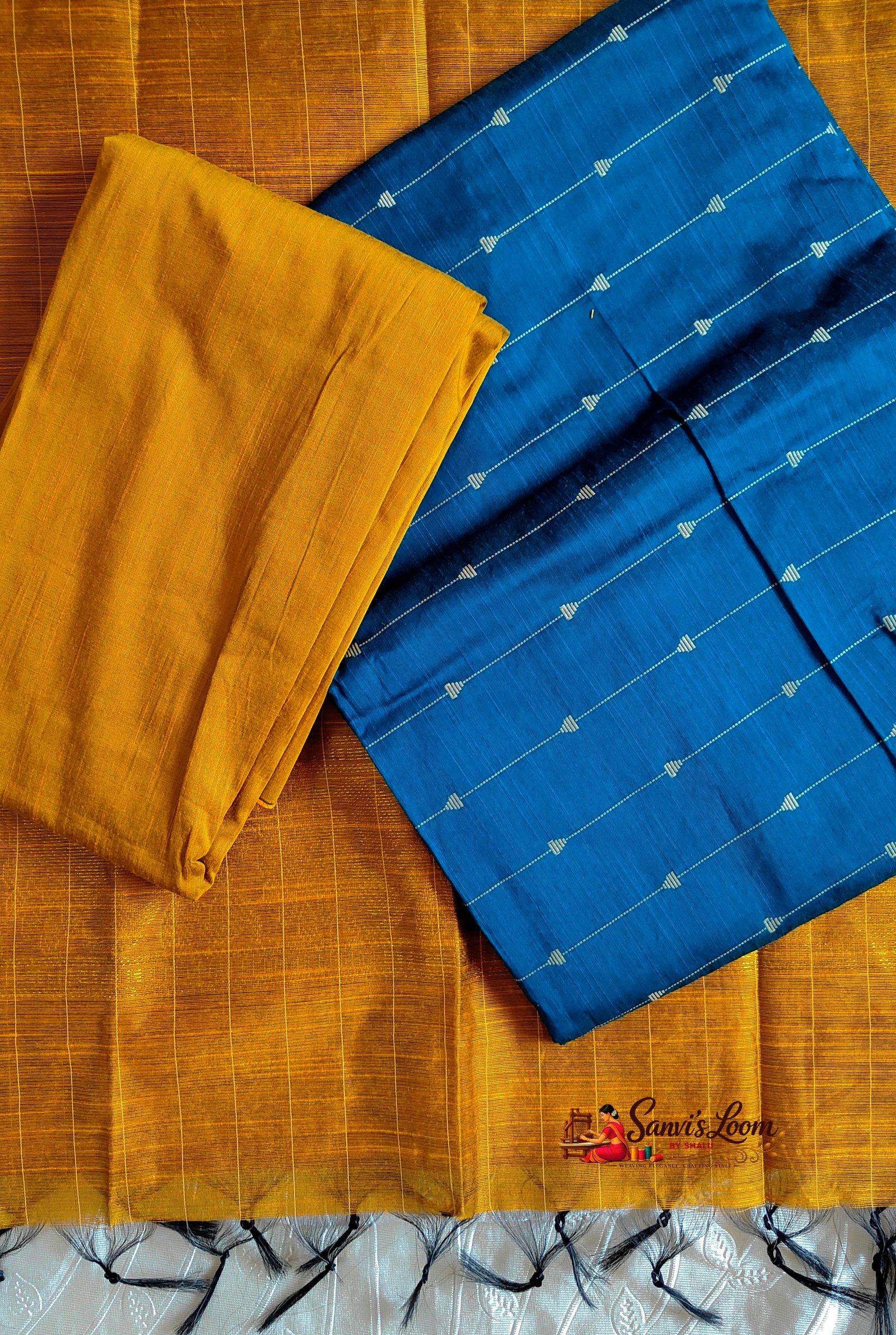 Salwar Unstitched - Peacock Blue and Mustard Yellow