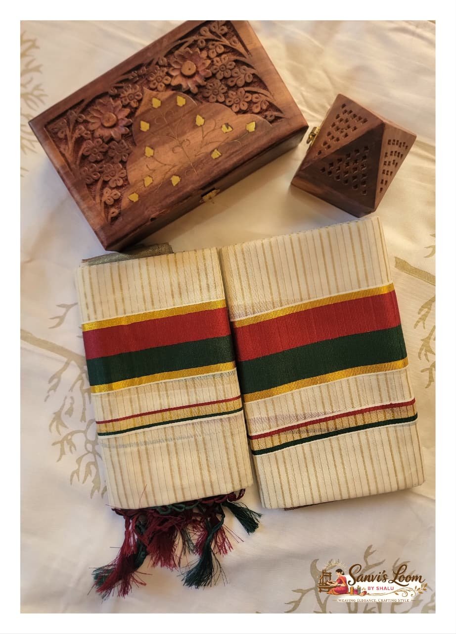 Kerala Saree (Tissue) - Red and Green Border