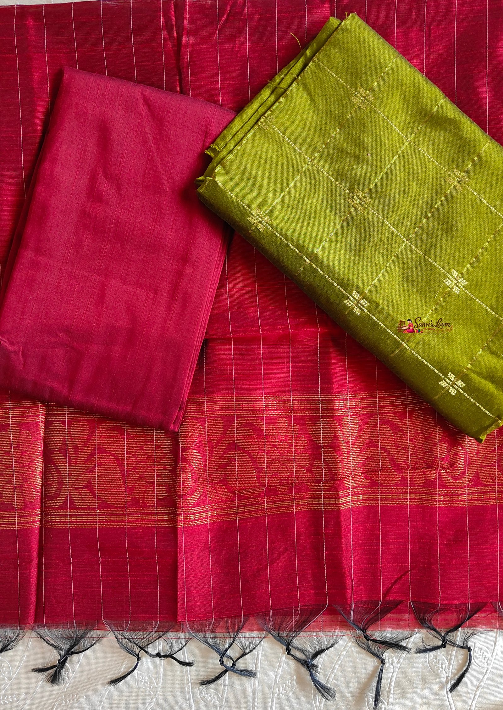 Salwar Unstitched - Olive Green & Maroon